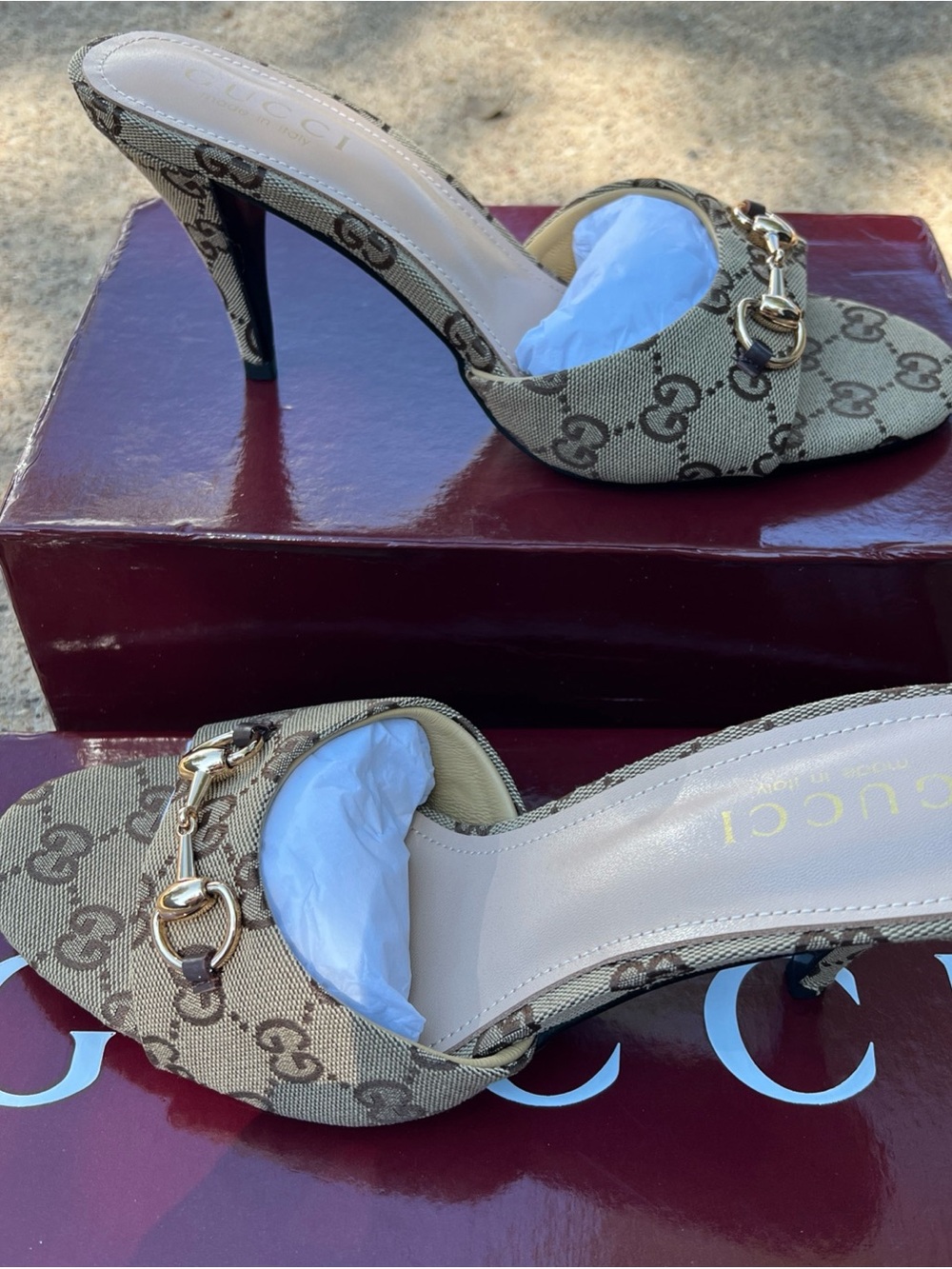 Gucci Brown GG Canvas Horsebit Mule Heels NIB